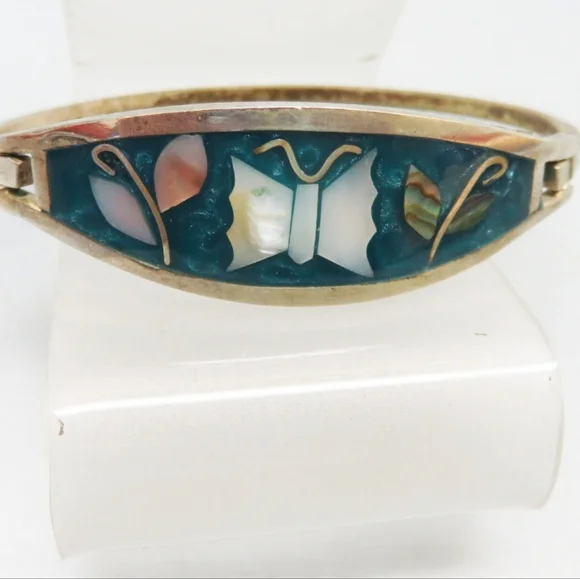 1970's MOP and Blue enamel Butterfly Alpaca Silver Hinged Bracelet - Picture 2 of 10